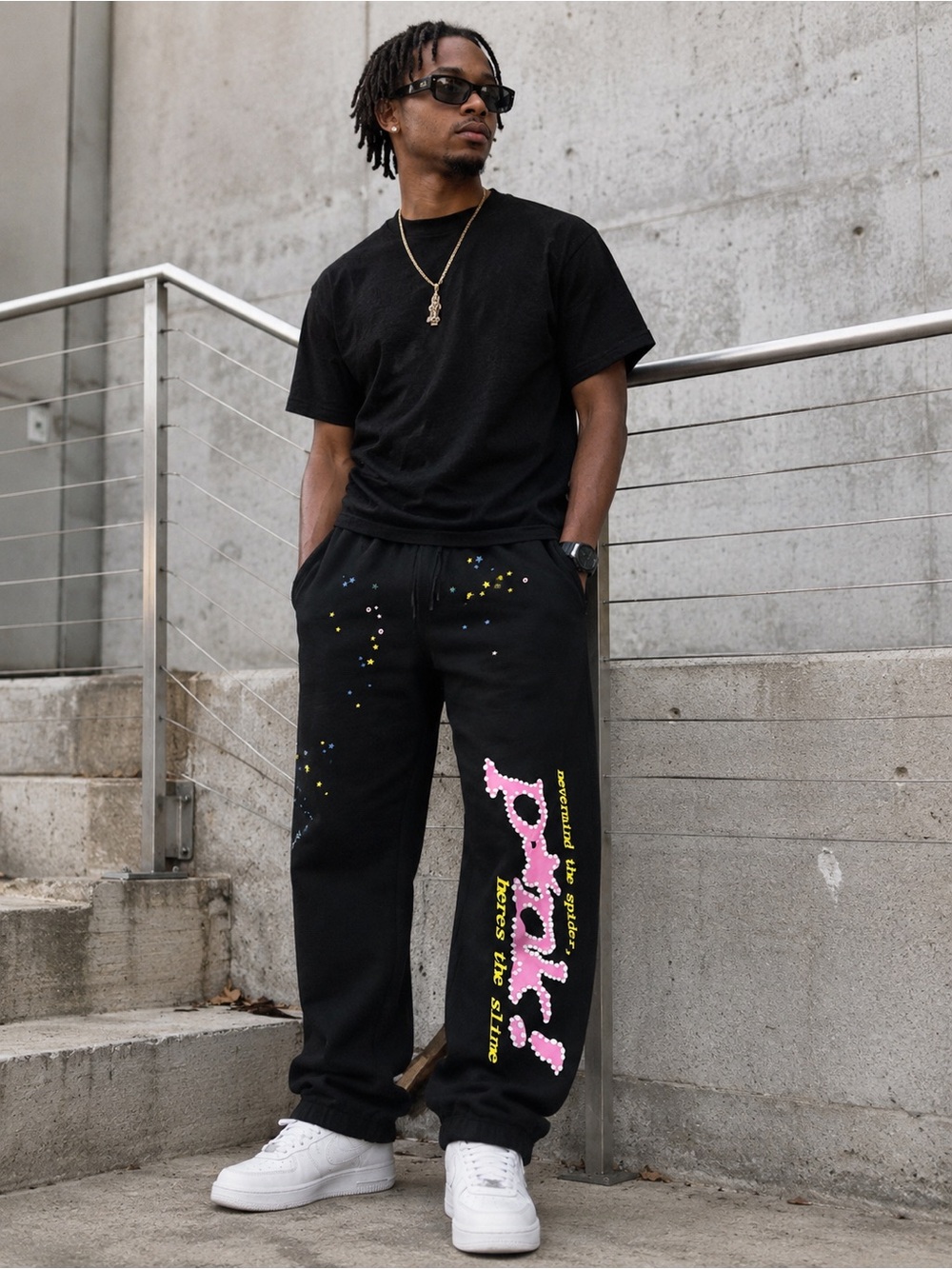 SP5DER Worldwide Pink Logo Sweatpants XL Black Streetwear Joggers Y2K Graphic